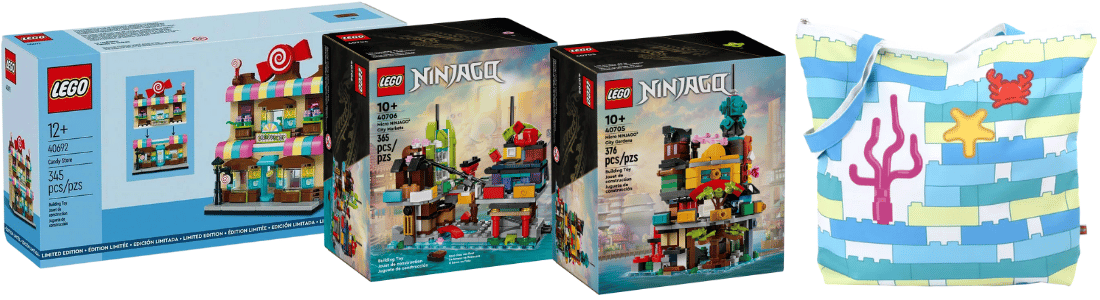 lego 40692 sweet shop, lego ninjago micro, lego beach bag