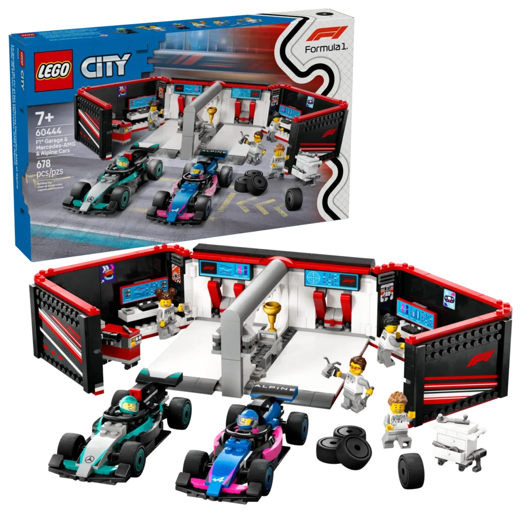 lego city 60444 f1 garage with mercedes amg & alpine racecars