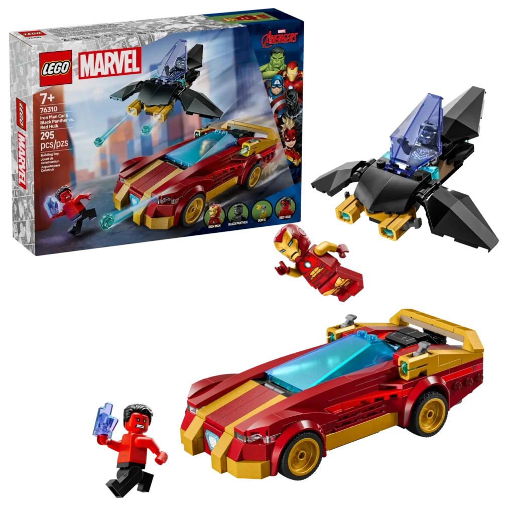 lego marvel 76310 iron man car & black panther vs. red hulk