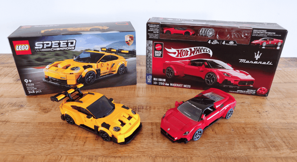 lego vs. mattel brick shop porsche 911 gt3 rs en maserati mc20 naast elkaar (2)